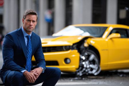 Man in Suit with Wrecked Yellow Sports Carの素材
