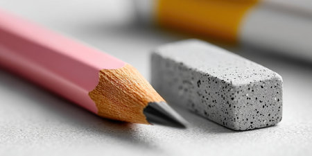 Close-Up of a Sharpened Pencil and Eraser on Deskの素材
