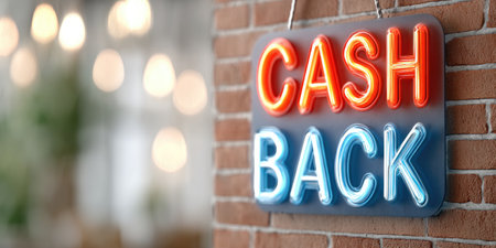 Retro Neon Cash Back Sign Hanging on Brick Wallの素材