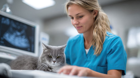 Female Veterinarian Examining a Cat in a Clinicの素材