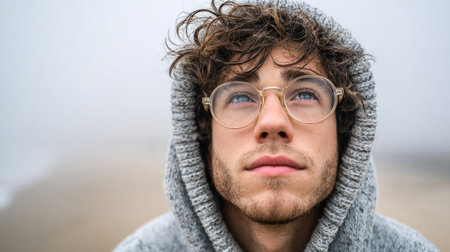 Young Man Looking Up in a Hoodieの素材