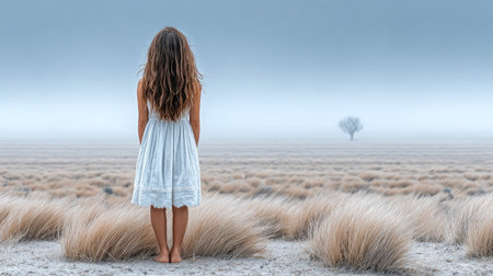 Girl in White Dress Facing Isolated Treeの素材