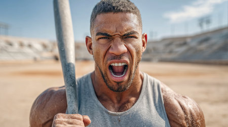 Intense Baseball Player Yelling in Dusty Stadiumの素材