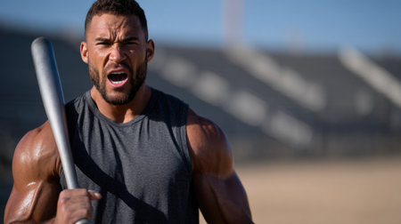 Shouting Athlete Holding Baseball Bat in Stadiumの素材