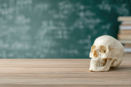 Anatomical Skull in Front of Chalkboard in Classroomの素材