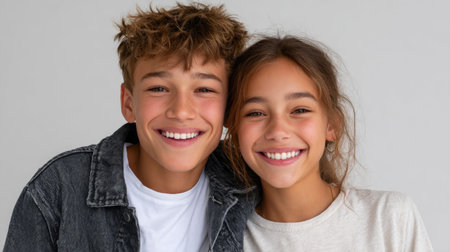 Happy Teen Siblings Smiling Togetherの素材