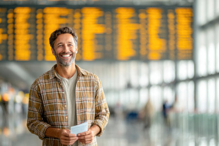 Happy Middle-Aged Man at Airport Holding Boarding Passの素材