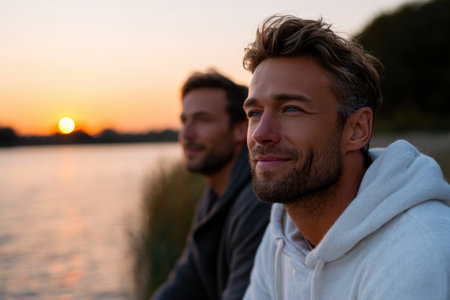 Friends Relaxing by Lake at Sunsetの素材
