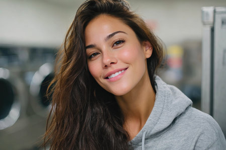 Portrait of a Smiling Woman in a Gray Hoodie at a Laundromatの素材