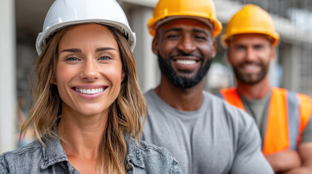 Diverse Construction Team Smiling at Worksiteの素材