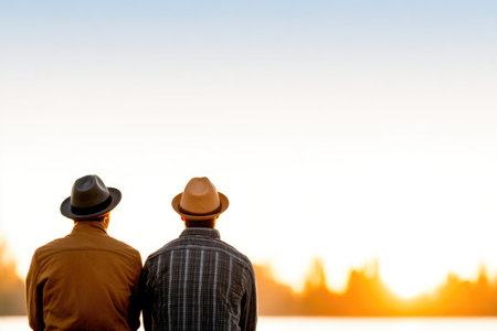Two Men Sitting With Hats Watching Sunsetの素材