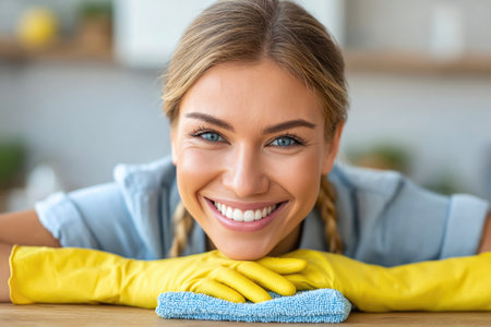 Smiling Woman Cleaning Table with Yellow Glovesの素材