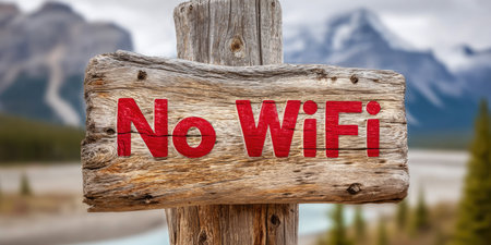 Weathered Wooden No WiFi Sign with Red Text in Natureの素材