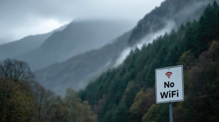 No WiFi Road Sign in Cloudy Mountain Landscapeの素材