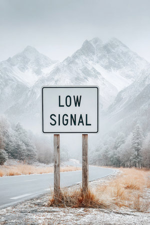 Low Signal Sign on Snowy Mountain Roadの素材