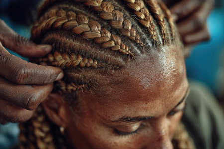 Hair braiding close-up with handsの素材