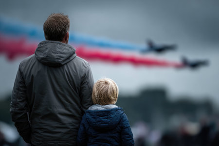 Father and son watching military jets at airshowの素材