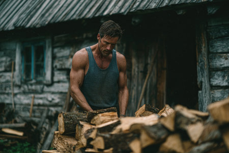 Man chopping wood outside rustic cabinの素材