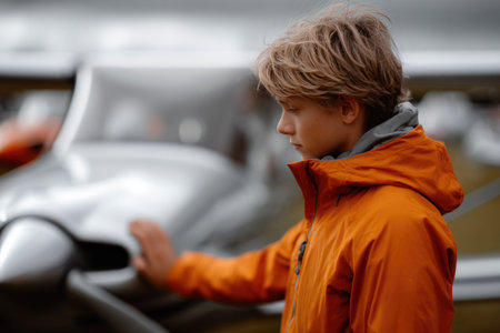 Boy Touching Aircraft in Orange Jacketの素材