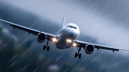 Airplane approaching in heavy rainの素材