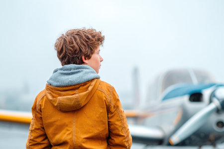 Teen Boy Looking at Airplane on Foggy Dayの素材