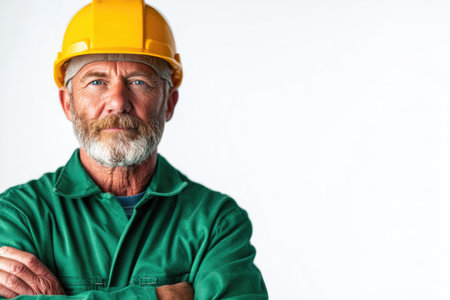 Confident older construction worker in green uniformの素材