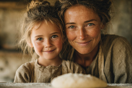 Mother and daughter smiling in rustic kitchenの素材