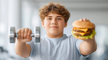 Teen Balancing Workout and Fast Foodの素材