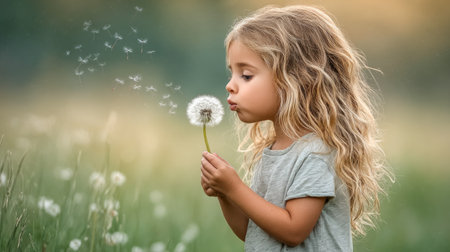 Girl blowing dandelion in natural meadowの素材