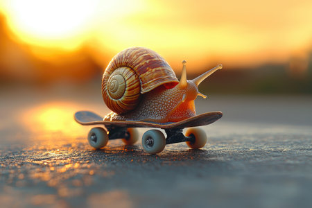 Funny Snail on Skateboard at Sunsetの素材