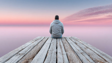 Man Sitting Alone on Wooden Pier at Sunsetの素材