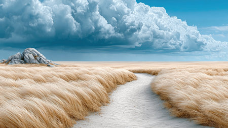 Sandy Path through Windy Field under Stormy Skyの素材