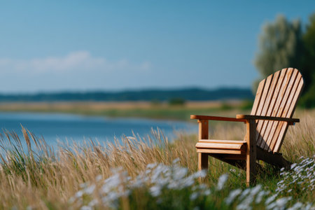 Wooden chair by peaceful lakesideの素材