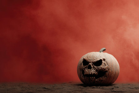 Scary Halloween pumpkin with creepy face on red smoky backgroundの素材