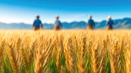 Golden wheat field with farmers under blue skyの素材