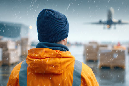 Airport Ground Crew in Snow with Airplaneの素材