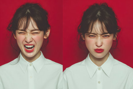 Woman expressing intense emotions with red backgroundの素材