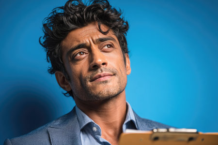 Thoughtful Man Holding Clipboardの素材