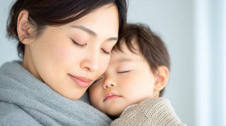 Mother hugging sleeping babyの素材
