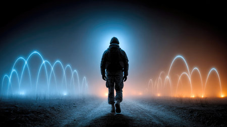 Futuristic Soldier Walking Through Neon Archesの素材