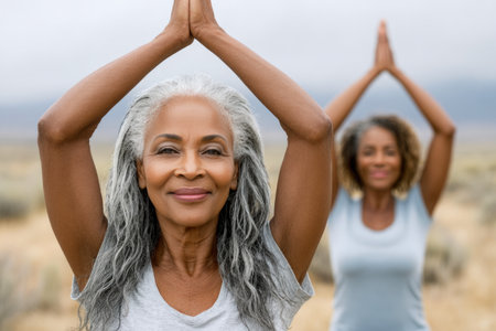 Mature Women Doing Yoga in Natureの素材