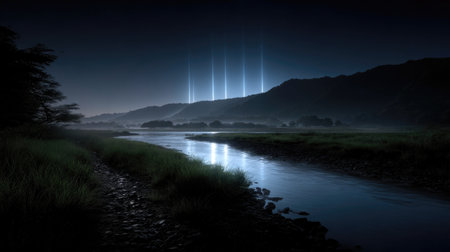 Night River Landscape With Vertical Light Beamsの素材