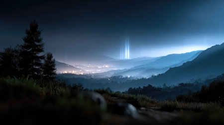 Blue Mountain Valley With Glowing Light Pillarsの素材