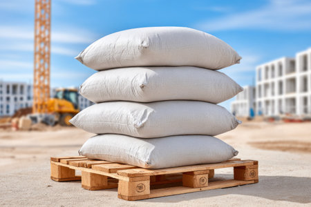 White sandbags stacked on wooden palletの素材