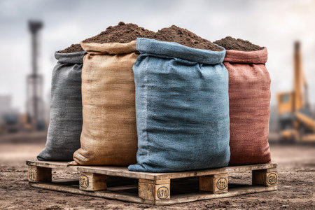 Colorful sandbags on pallet at construction siteの素材