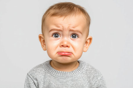 Cute baby with worried face in gray sweaterの素材