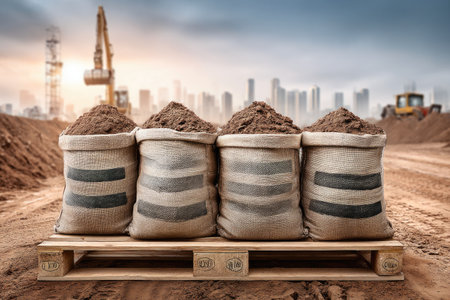 Sandbags at construction site with city in backgroundの素材