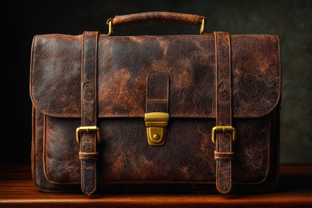 Vintage Leather Briefcase on Wooden Tableの素材