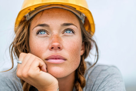 Female construction worker in yellow hard hat restingの素材