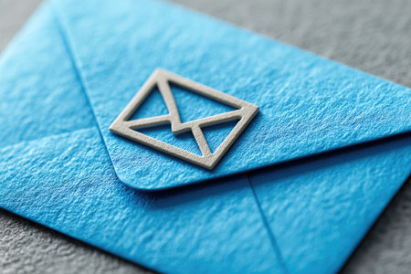Blue textured envelope with mail icon in close-up viewの素材